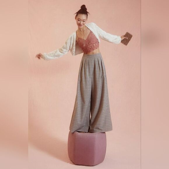 Anthropologie Corey Lynn Calter Pleated Wide-Leg Plaid Trousers Size Medium NWT - Picture 6 of 12